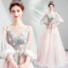 Ethnic Clothing Pink Sexy Lantern Sleeve Cheongsam Pleated Bride Wedding Party Dress Gown Embroidery Flower Lace Qipao Long Luxury Vestidos