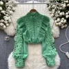 Women's Blouses High Quality Embroidery Vintage Shirt Women Stand Collar Long Sleeve Ruffles Sweet Top Hollow Out Lace Loose Blouse 2024