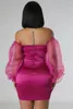 Casual Dresses Glossy Satin BodyCon Mini Dress Women Sexiga knappar Axless Off Shoulder Organza Long Sleeve Ruched Slim Clubwear Party