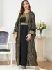 Ethnische Kleidung Schwarz Luxus Abaya Bescheidene Mode Muslimische Kleider Abayas Für Frauen 2 Stück Sets Stickerei Gürtel Marokkanischer Kaftan Ramadan