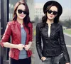 Women's Leather Burgundy Women Pu Short Slim Jacket Round Neck Zipper Coat Female Outerwear Fashion Jacke M-2XL Red Moto