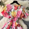 Basic Casual Dresses Runway Gorgeous Flower Chiffon Cascading Dress Women V Neck Short Sleeve Floral Print Elastic Waist Long Boho Robe Vestidos 2024