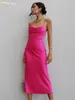 クレイシブセクシーなストラップピンクのサテンドレスレディースサマーボディノースリーブミディエレガントレースアップバックレスドレス女性240226