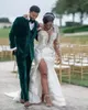 فستان زفاف طويل الأكمام مع قطار قابل للانفصال الدانتيل العربي Aso Ebi High Slit Garden Beach Divil Wedding Bridal Bridal