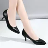 Dress Shoes Women Soft Leather High Heels 2024 Spring Black Pointed Toe Mid Heel Ladies Chunky Office Work