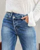 Damesjeans 2023 Nieuwe casual loszittende damesjeans gewassen knoopzakken hoog getailleerde denim matte elegante broek J240306