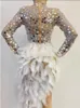 Casual Dresses 2024 Sparkly Silver Sequins Feather Dress Women Birthday Celebrate Wedding Bar DS Latin Dance