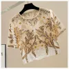 T-shirt Vintage elegante perline paillettes maglia top bling prospettiva maglietta a maniche corte maglietta moda donna Donna