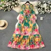 Vestidos casuais moda pista linda flor chiffon cascading babados vestido mulheres profundo decote em v manga longa floral impressão boho robe vestido 2024