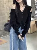 Deeptown Korean Fashion特大のカーディガンの女性Harajuku V-Neckニットジャンパースウィートセクシーなセクシー長いスリーブクロップトップY2K 240227