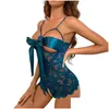 Reggiseni Set Donna Crotchless Y Lingerie Ritaglio Floreale Fiocco in pizzo Body con consegna spaghetti regolabile Dhg02