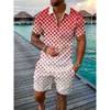 最新の夏のハワイアンビーチ3Dグリッドパッチワークポロシャツメンズサンシャインクリエイティブファッションセットのための短袖ショーツ