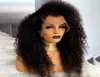 180デンシーな輝く黒い色キンキーカーリーレースフロントウィッグ女性用髪の髪の束耐火繊維ソフトデイリーウェア21711522