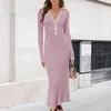 Casual Dresses V Neck Long Sleeve Dress Women Sweater Slim Fit Elegant Maxi Turn Down Collar Color Contrast Daily Outfit