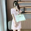 Wysokiej jakości wybiegi francuskie letnie tweed onck różowy sukienka Słodka elegancka szykowna szczupła talia sukienki z krótkim rękawem vestidos 240226