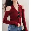 Women's Blouses 2024 Spring Women Single-breasted V-Neck Top Elegant Long Sleeve Office Shirt Slim Off Shoulder Sweet Solid