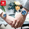 Armbandsur Olevs 9970 Luxury Quartz Par Watch For Men Women Number Dial Rhombus Mirror Handklocka Rostfritt stål Originalklockor