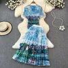 Платье из двух предметов, стиль 2024, летний плиссированный узор с принтом, стрейч-тонкий топ, плиссированная длинная юбка, костюм, женский повседневный праздничный комплект