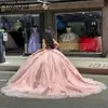 Rosa princesa lantejoulas apliques rendas quinceanera vestidos de baile com capa ilusão espartilho vestidos de 15 anos
