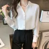 여자 블라우스 2024 봄 패션 폴로 칼라 여자 긴 슬리브 셔츠 단순한 단색 여성 사무실 블라우스