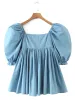 Klänning 2022 Princess Blue Cotton Ball Gown Dress Puff Sleeve Retro Women Ruched Pleated Midje Hem Mini Party Fairy Sweet Summer