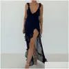 Grundläggande avslappnade klänningar y Deep v Neck Backless See Through Dresses Woemen Chic Ruffles Trim Split Long Dress Elegant Lady Club Party N Dhkuy