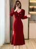 Casual Dresses Luxury Elegant Red Velvet Party Dress for Women Autumn Winter Fashion Sqaure Collar 2024 Korean Chic Ruffled Festival Robe