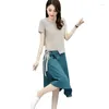 Robes de travail femme jupe costume printemps/été à la mode t-shirt col rond taille élastique plis dames costumes vente goutte HTHBBtj8520