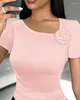 Женские футболки, женская повседневная футболка с розами и асимметричным вырезом, темперамент, поездка на работу, 2024, летняя мода, узкий топ с короткими рукавами