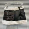 Skirt BORVEMAYS Temperament Short Skirts High Street Belt Design 2024 Winter New Faux Fur PU Leather Patchwork Women WZ7229