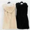 Fur Beige Faux Fur Vest Winter Autumn Artificial Thick Warm Fur Vest Black Sleeveless Hood Slim Long Coat Office Lady Fashion Jacket