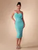 Casual Jurken Gedrapeerde Elegante Feestjurk Vrouwen Midi Bodycon Groen Strapless Sexy Avond Verjaardag Club Outfits Zomer 2024