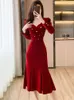 Casual Dresses Luxury Elegant Red Velvet Party Dress For Women Autumn Winter Fashion Sqaure Collar 2024 Korean Chic Ruffled Festival Robe