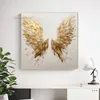 Kinfe – peinture abstraite faite à la main, ailes de plumes dorées, toile épaisse à l'huile, tableau d'art mural nordique pour salon, 100%