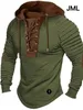 Men stały kolor swobodny koszulka z długim rękawem Slim Fit Plisted Hood Street wakacje koronkowe w górę patchwork ubranie 240307