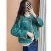 Fall Korean Ladies High Quality Green Plaid o Neck Tweed Sequins Jackets Coat Elegant Outerwear Women Pocket Short Winter Jacket 240226