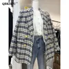 Koreańskie mody Tweeed Blazers Kobiety Fall Vintage podwójnie piersi bawełniany bawełniany kąt