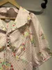 Женские блузки 2024, весна и лето, розовая женская рубашка с v-образным вырезом и лацканами с пышными рукавами и принтом на бретелях