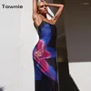 Casual Dresses Tawnie Floral tryckt 2024 Summer Women Slim Backless Boho Maxi Dress Spaghetti sundress Female Long Beach Outfit