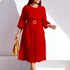 Ethnic Clothing Autumn Fashion Pleated Dress Women Elegant Office Ladies Solid Lantern Sleeve Belt A-line