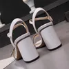 2024 womens one line strap high-heeled sandals pure color leather metal buckle vintage sandal ladys open toe thick bottom casual high low large size shoes sizes 10/11/12/