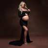 Volledige mouw rekbaar katoen moederschap Poshoot lange jurken zijsplit backless zwangere vrouw maxi-jurk 240301