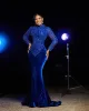 Royal Aso Ebi Blue Mermaid Prom Dress Pärled Peturined Lace Evening Formal Party Second Reception Födelsedagsengagemang Klänningar Klänningar Robe de Soiree ZJ355 ES