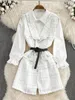 Women Two Piece Set Korean Fashion Bowtied Collar White Blouse and Spaghetti Strap Single Breasted Mini Tweed Dress Suits 240309