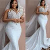 2024 Árabe Aso Ebi Tallas grandes Blanco Sheer Cuello Vestido de novia Con cuentas de encaje con lentejuelas Vestidos de novia elegantes Vestidos ZJ022