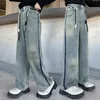 Designer grandes meninas jeans velhos crianças carta bordado casual denim calças 2024 primavera adolescentes calças de cowboy z7052
