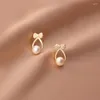 أقراط مسمار MloveAcc 925 Sterling Silver Strendy Round Women Dangle Bow Pearl لطيف صغير حلو بسيط أنيق يهودي