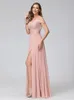 Light Pink Chiffon A Line Bridesmaid Dresses Plus Size Off Shoulder Lace Appliqued Maid Of Honor Gowns Floor Length Sexy Thigh Split Wedding Guest Party Dress CL3371