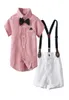 Conjunto de roupas de cavalheiro para meninos, terno de verão para crianças pequenas, camisa listrada com suspensórios, shorts brancos, roupas formais para meninos y2006815445