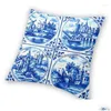 Cushion/Decorative Pillow Modern Dutch Delft Blue Tiles Sofa Er Soft Vintage Sailboat Windmills Art Throw Case Decoration Drop Deliv Dhap7